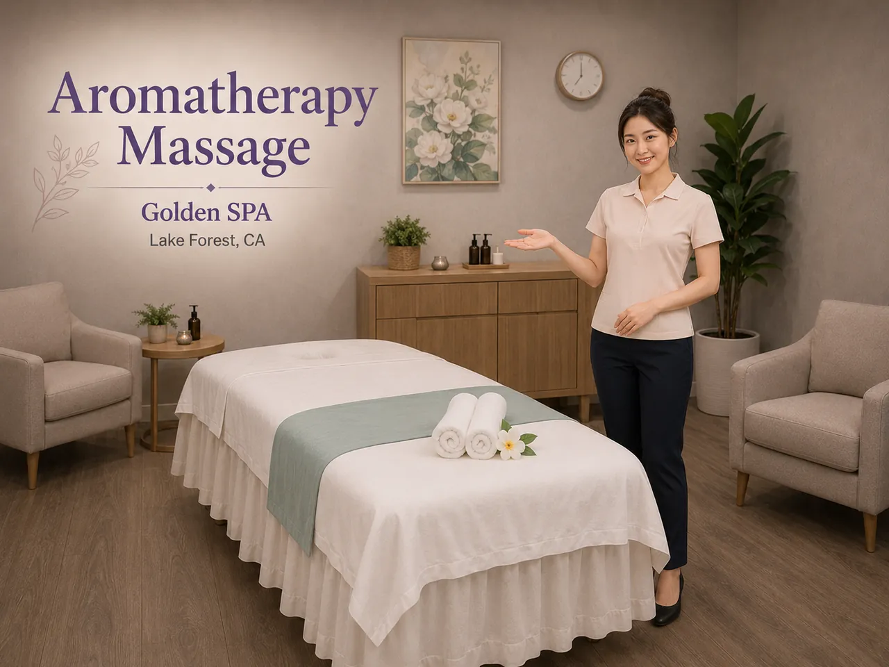 Staff member beside a table set for an aromatherapy massage at Golden SPA Massage in Lake Forest, CA