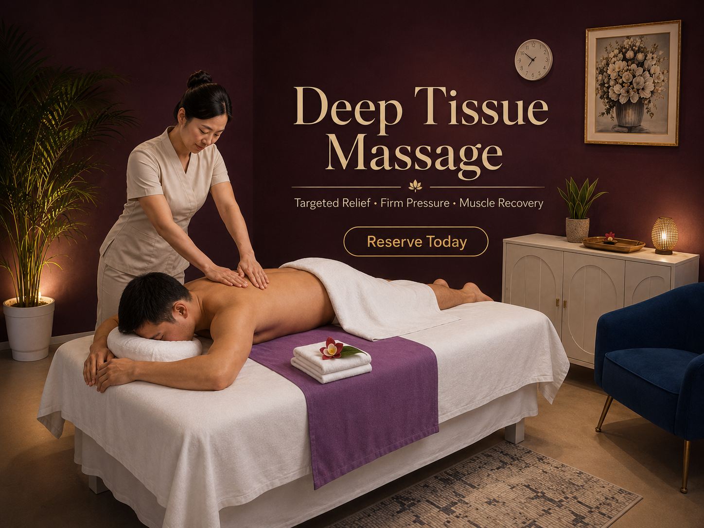 Warm Deep Tissue massage room at Golden SPA in Lake Forest CA — couples date-night setting