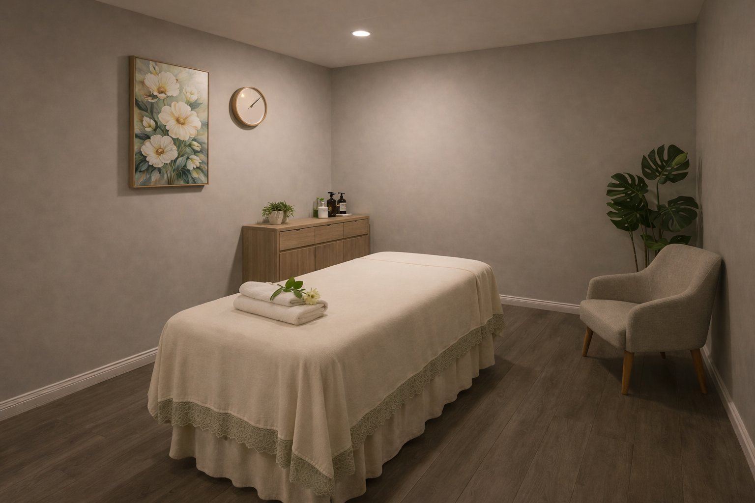 Quiet treatment room corner with plant and floral painting at Golden SPA
