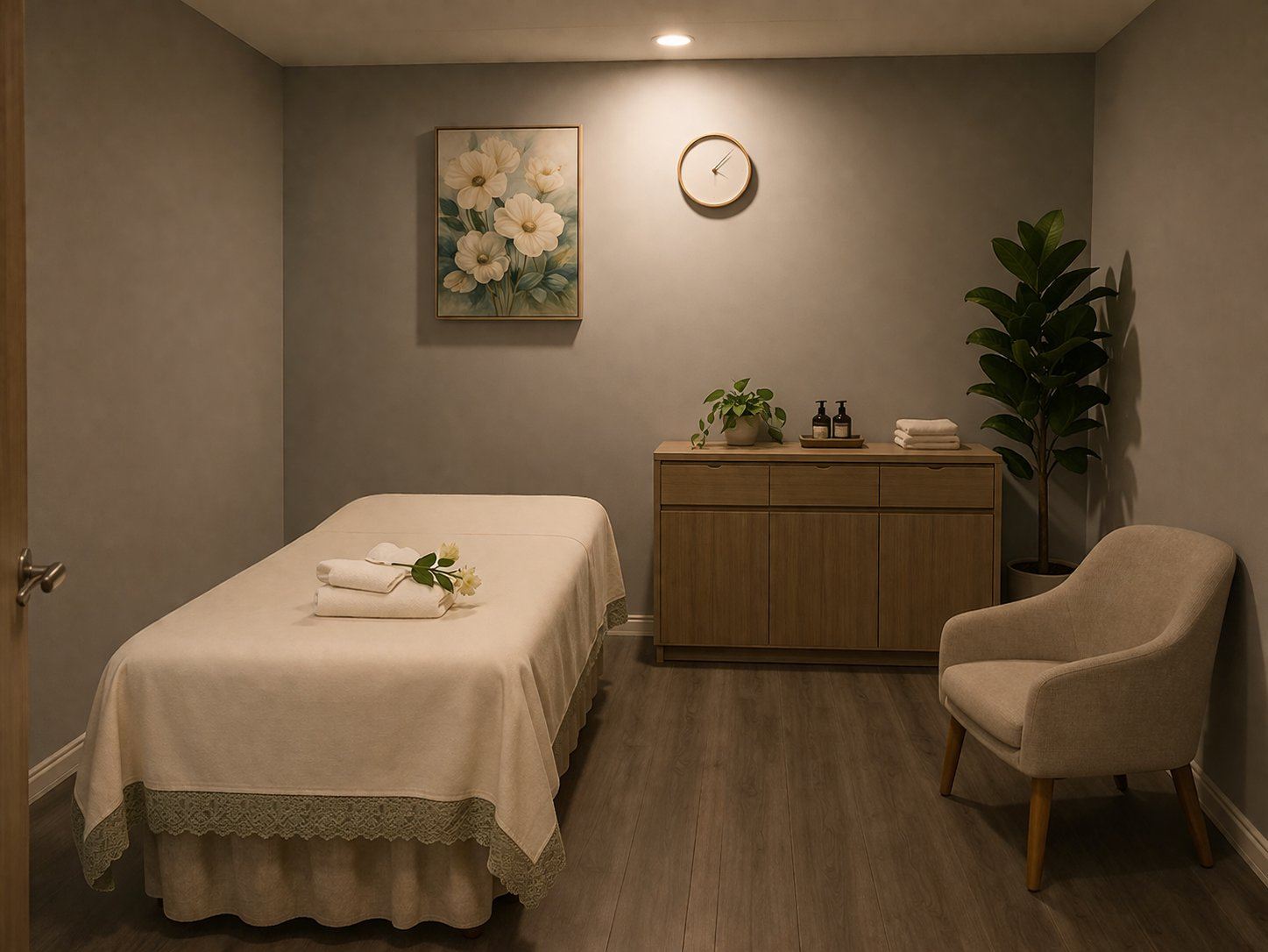 Private treatment room with warm wood and soft wall art at Golden SPA Lake Forest