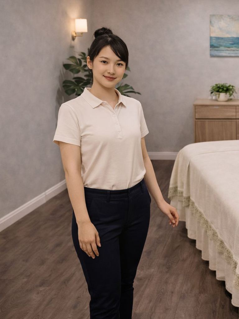 Licensed therapist in cream beside a freshly dressed treatment table — Golden SPA Lake Forest
