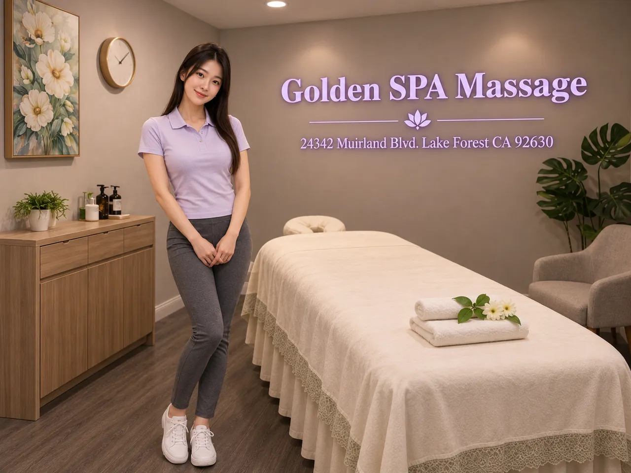 Friendly staff in a clean, private room for Deep Tissue Massage at Golden SPA Massage in Lake Forest, CA