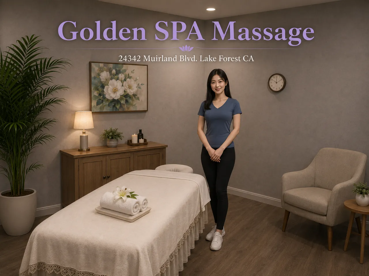 Staff member beside a clean massage table at Golden SPA Massage in Lake Forest, CA