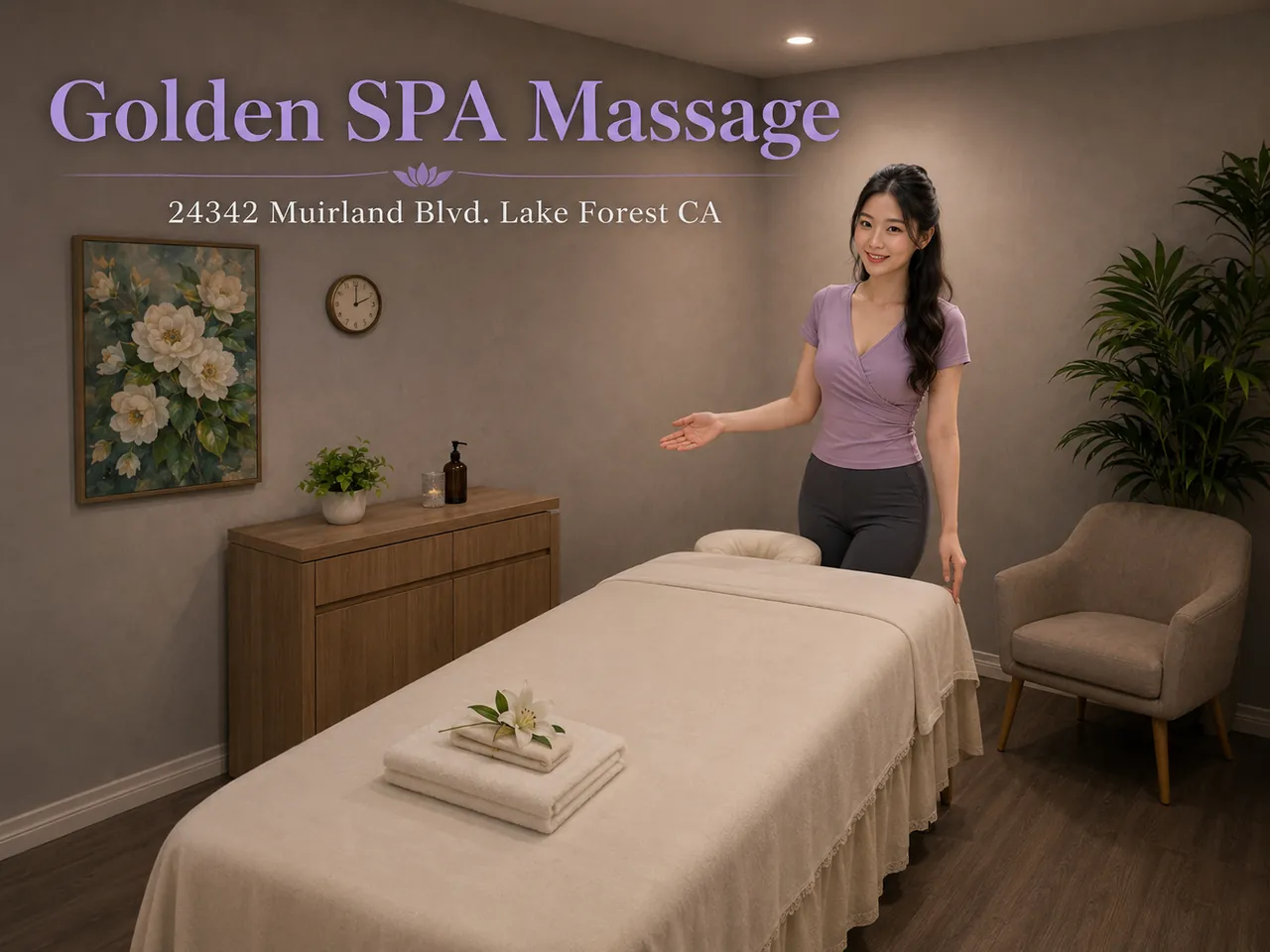 Friendly staff member beside a massage table at Golden SPA Massage in Lake Forest, CA