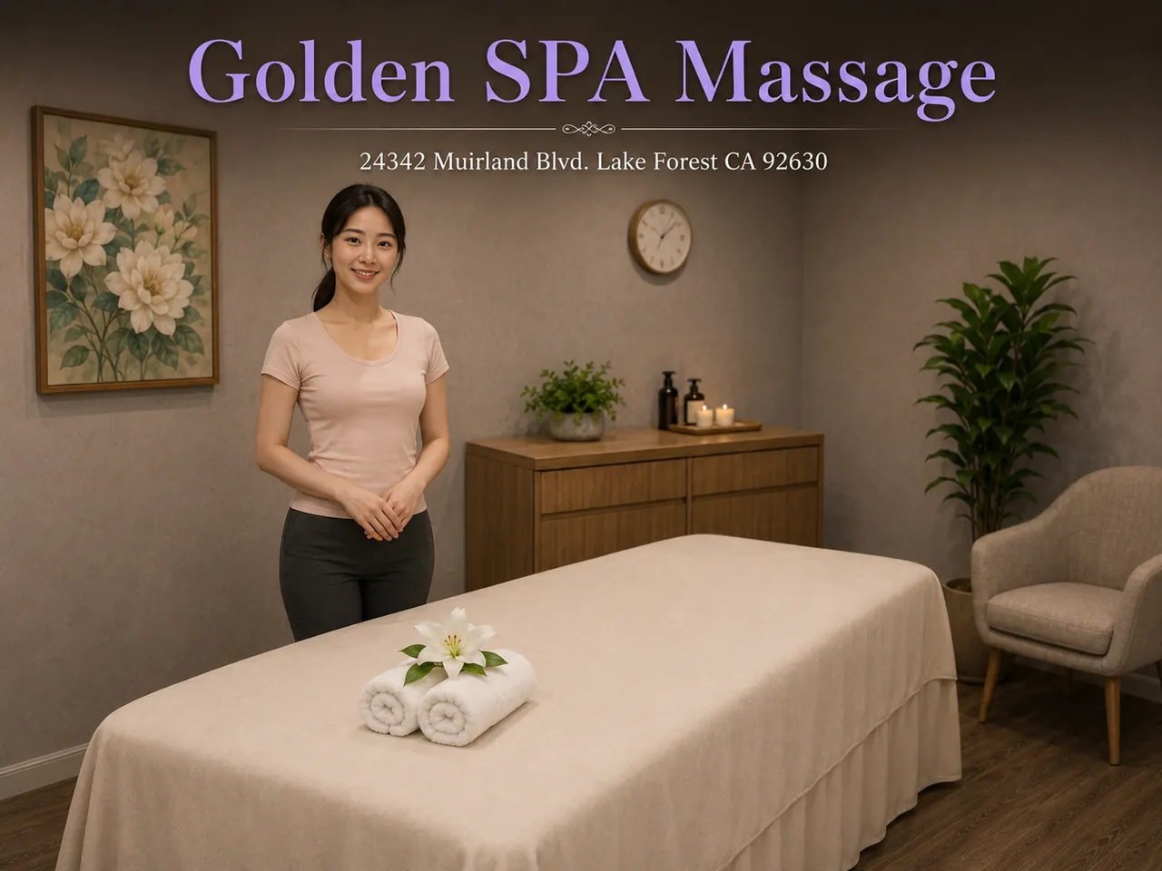 Friendly staff member beside a clean massage table at Golden SPA Massage in Lake Forest, CA