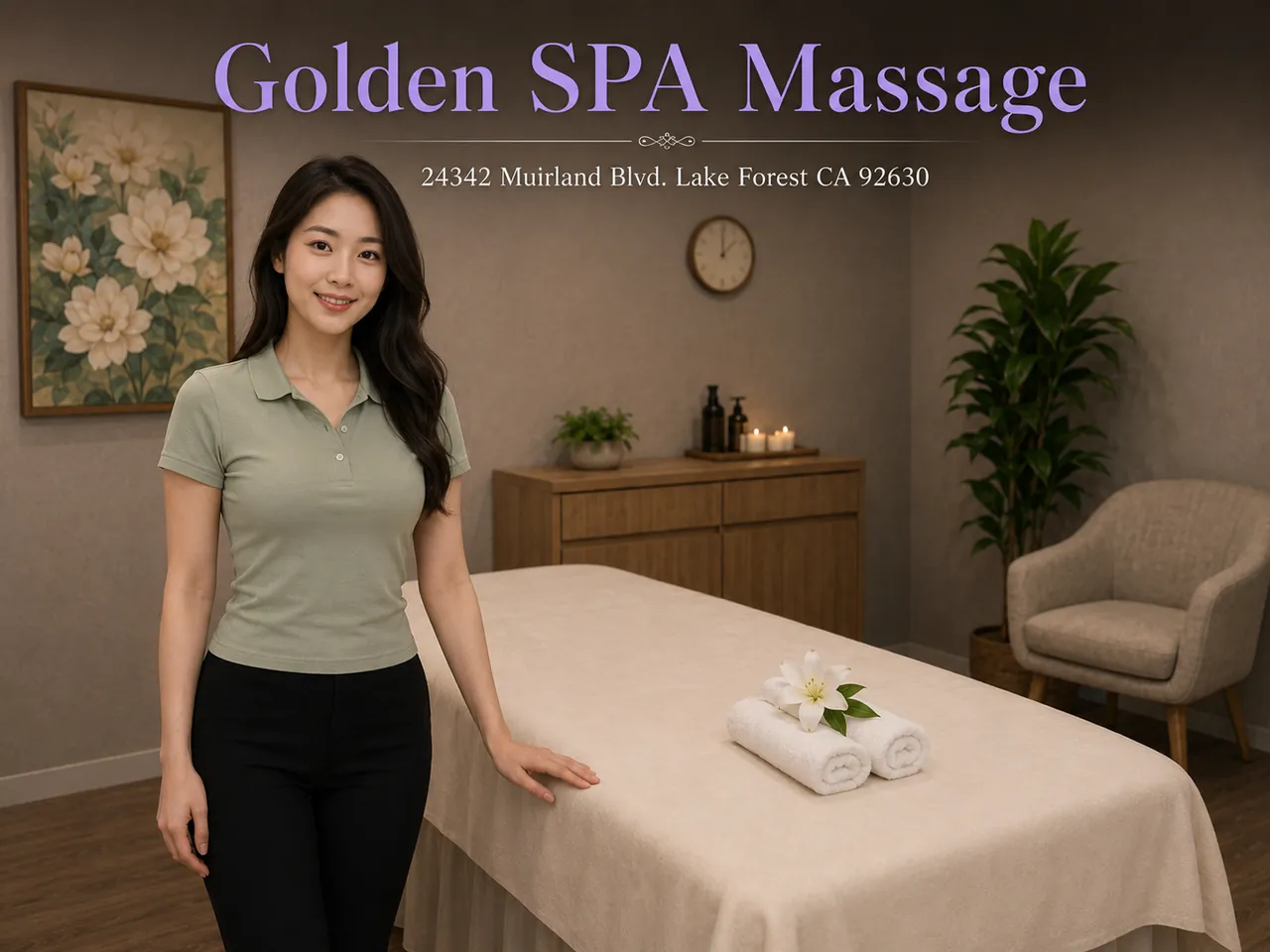 Friendly staff member in a clean private massage room at Golden SPA Massage in Lake Forest, CA