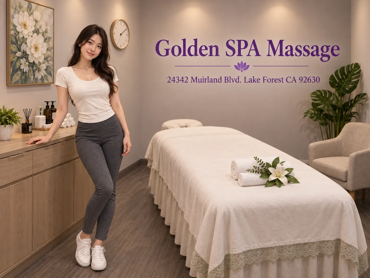 Friendly staff in a clean, private room for Shiatsu Massage at Golden SPA Massage in Lake Forest, CA