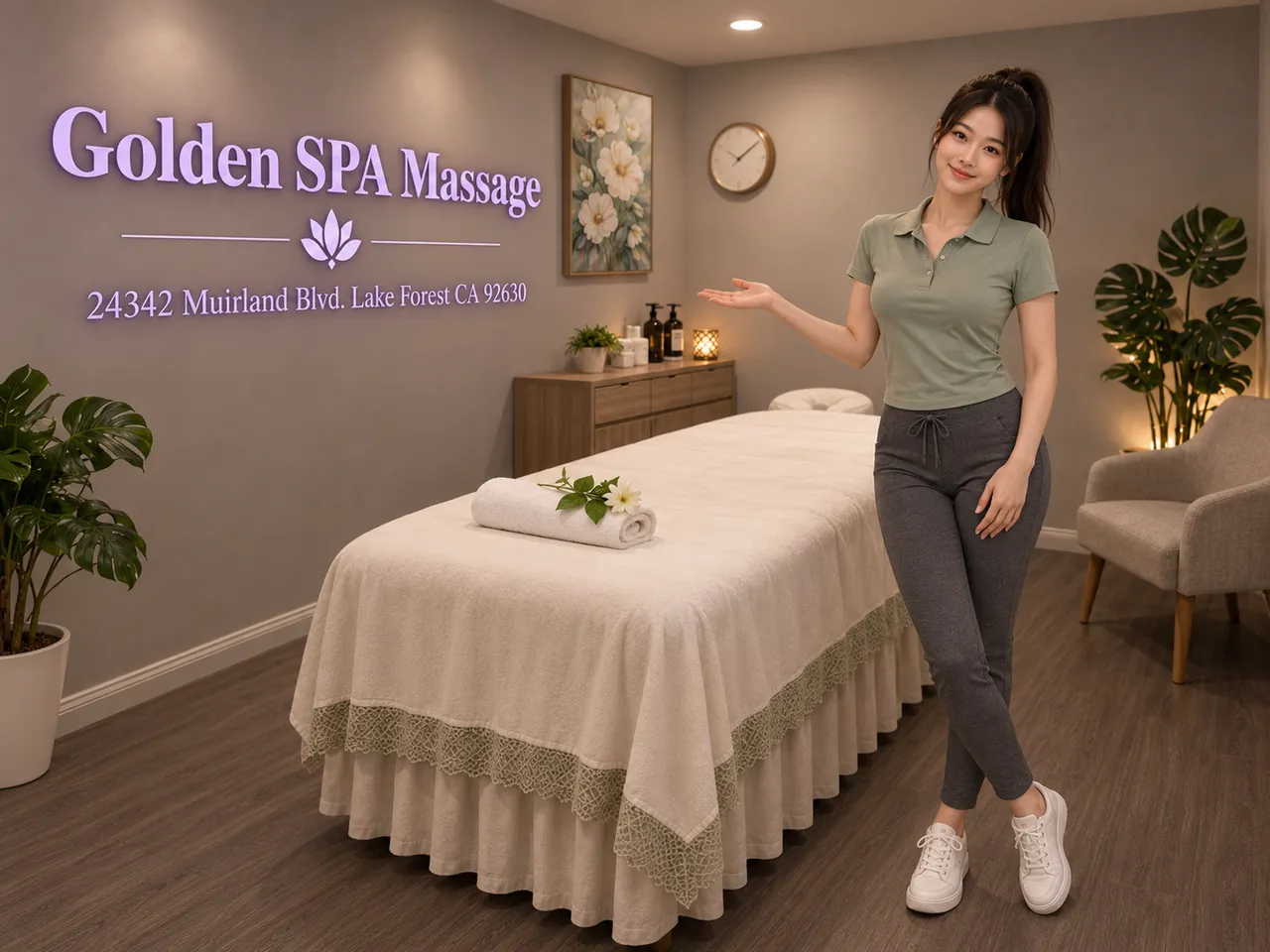 Friendly staff member in a clean massage room at Golden SPA Massage in Lake Forest, CA