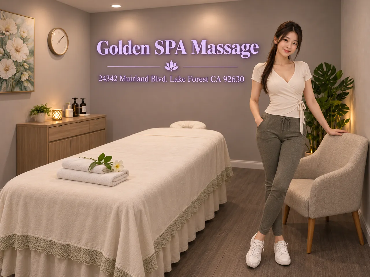 Staff member in a clean massage room at Golden SPA Massage in Lake Forest, CA