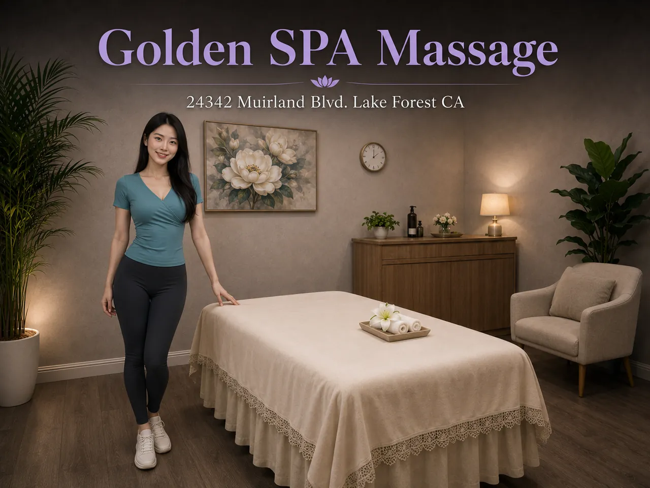 Staff member beside a clean massage table at Golden SPA Massage in Lake Forest, CA