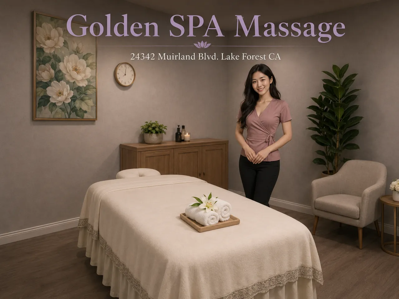 Staff member beside a table made up with fresh linens at Golden SPA Massage in Lake Forest, CA