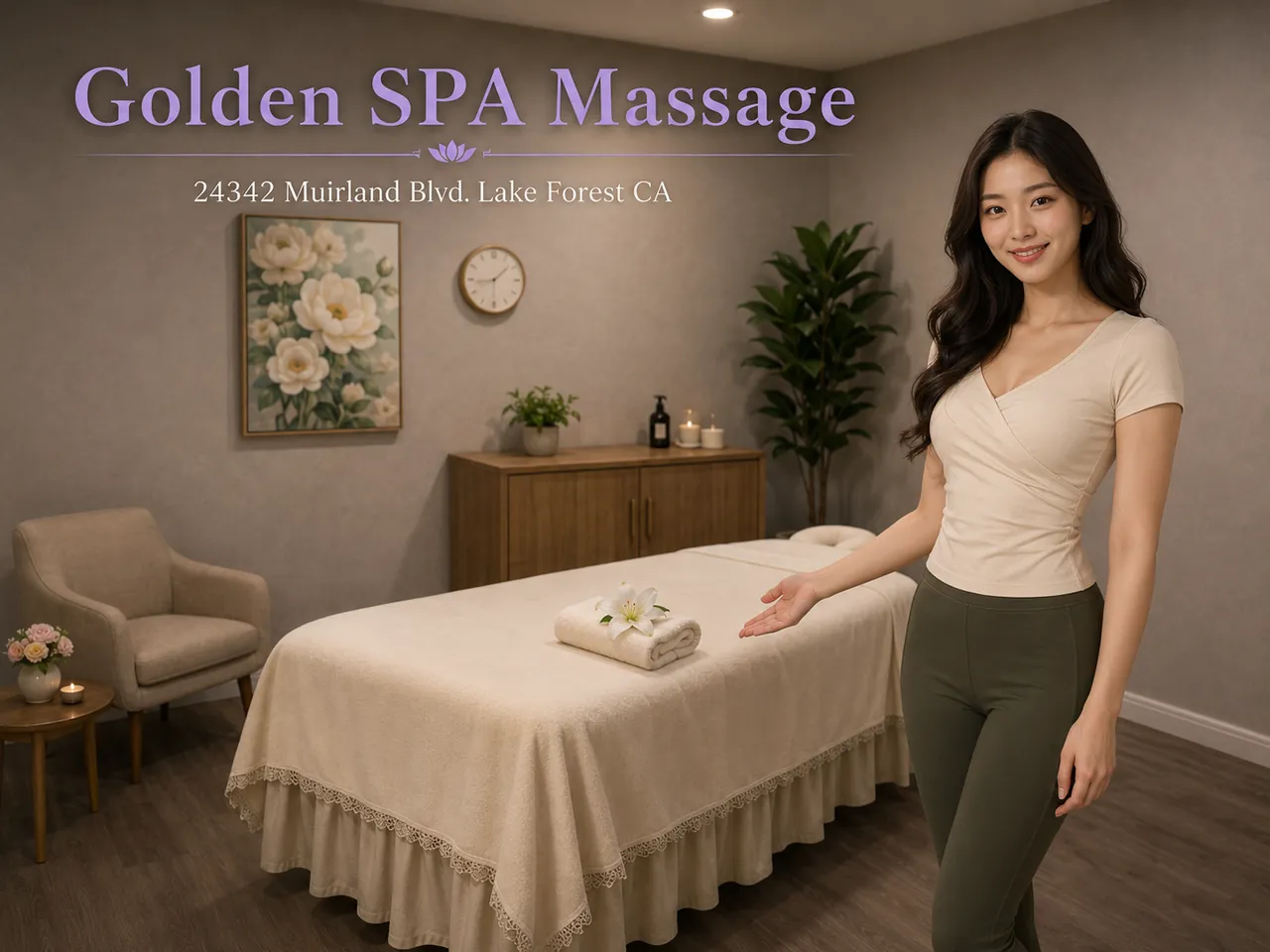 Friendly staff in a clean, private room at Golden SPA Massage near Foothill Ranch, CA