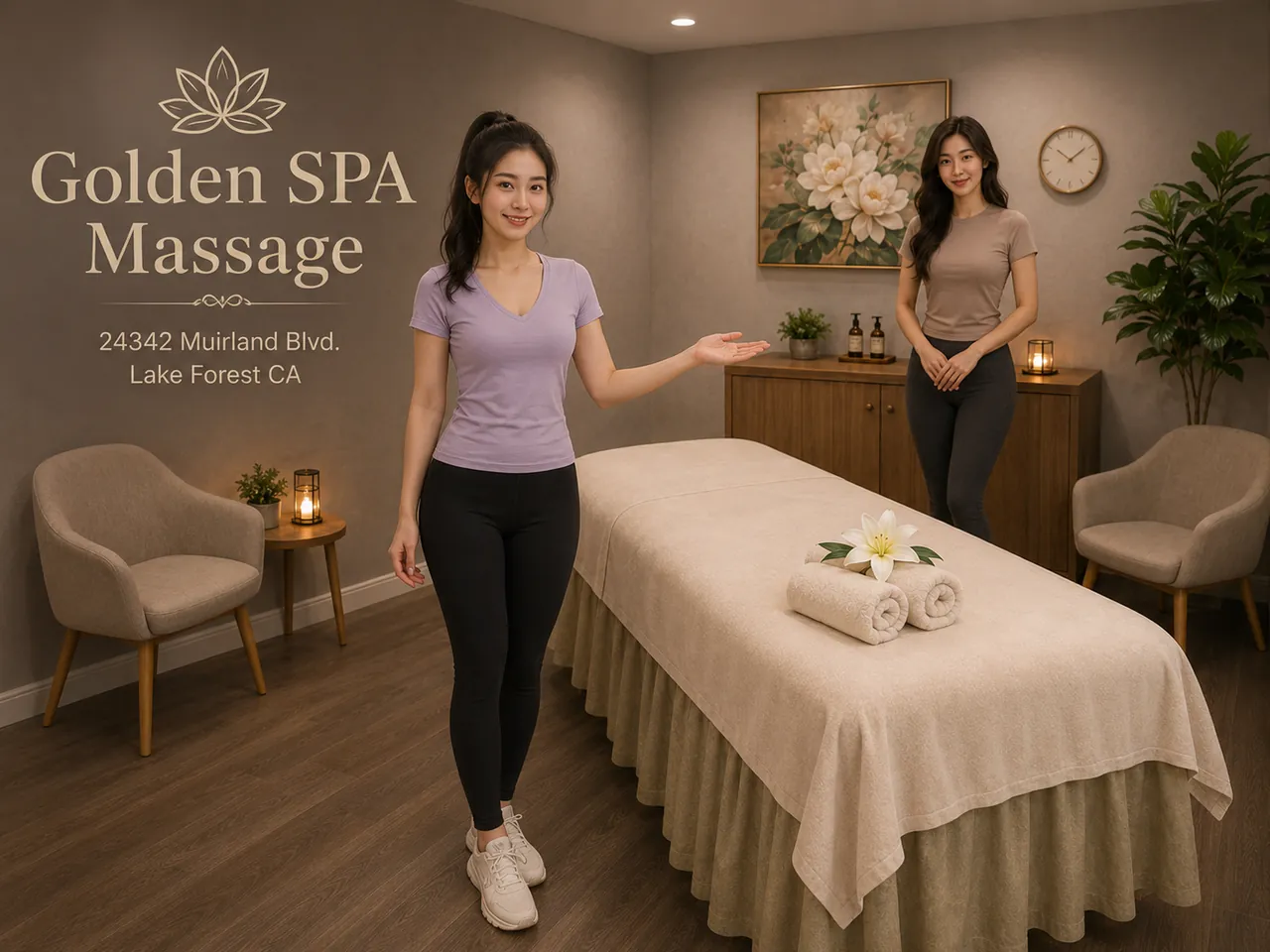 Two friendly staff members in a clean private room at Golden SPA Massage in Lake Forest, CA