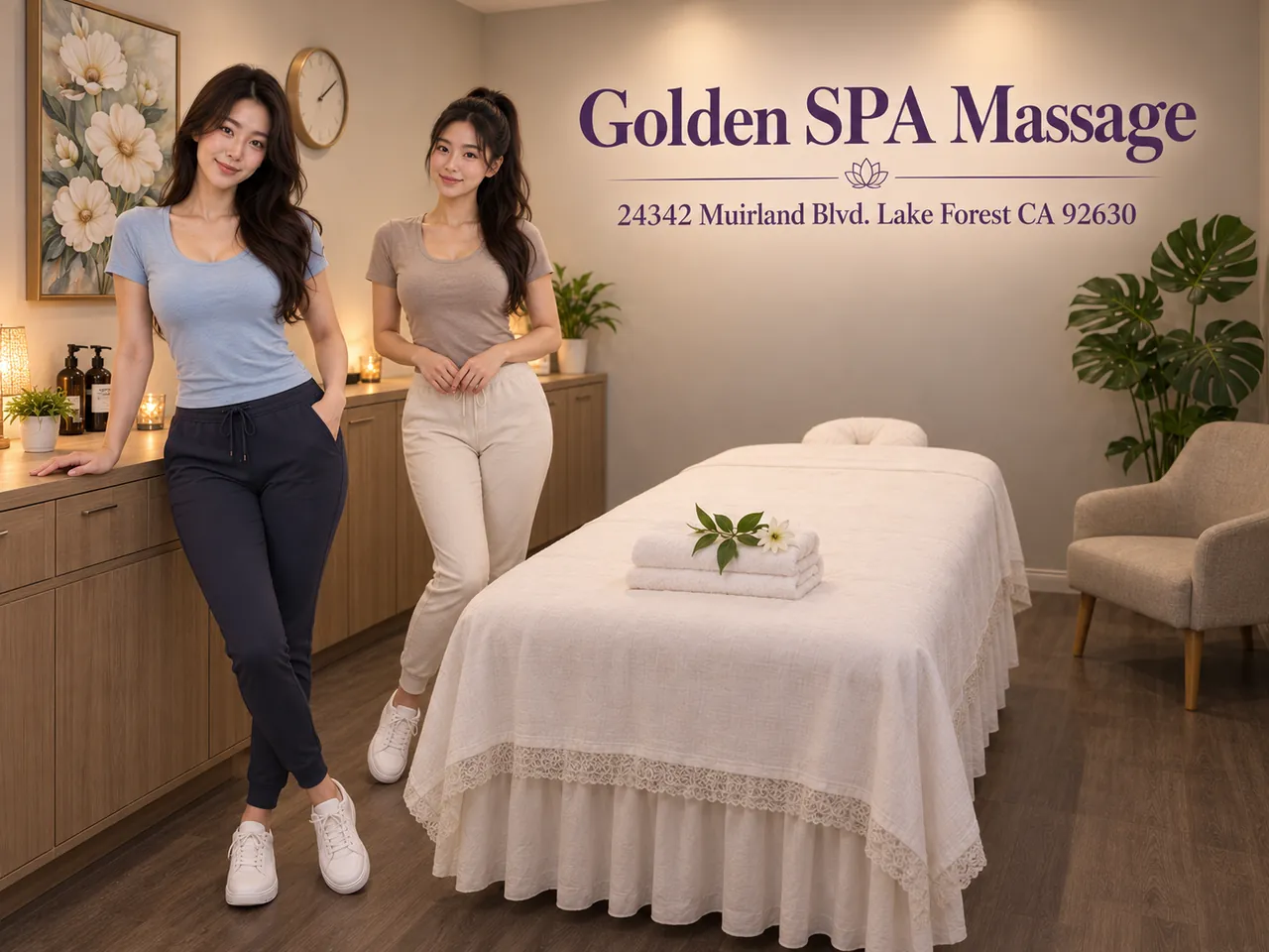 Two staff members in a clean private room at Golden SPA Massage in Lake Forest, CA