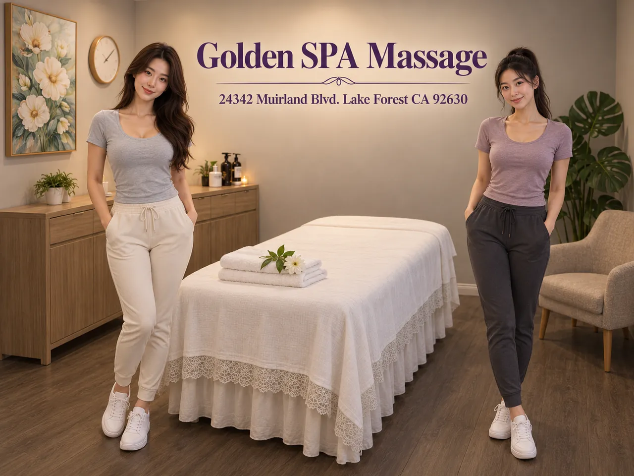 Two staff members beside a clean massage table at Golden SPA Massage in Lake Forest, CA