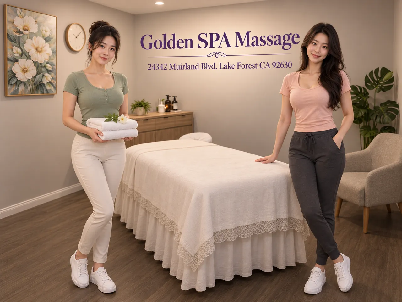 Two staff members beside a clean massage table at Golden SPA Massage in Lake Forest, CA