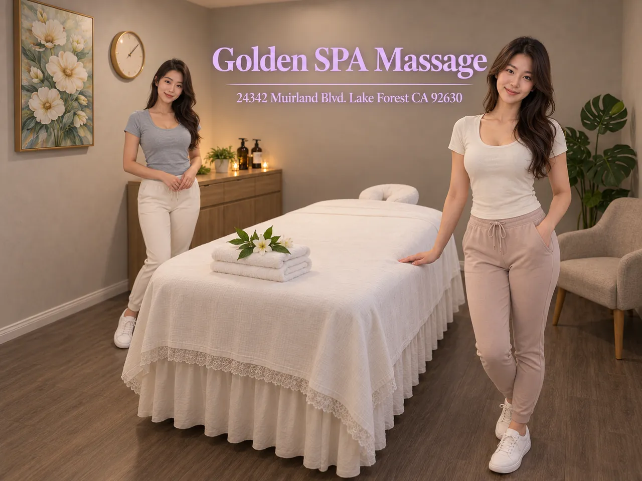 Friendly staff in a clean, private room for Aromatherapy Massage at Golden SPA Massage in Lake Forest, CA