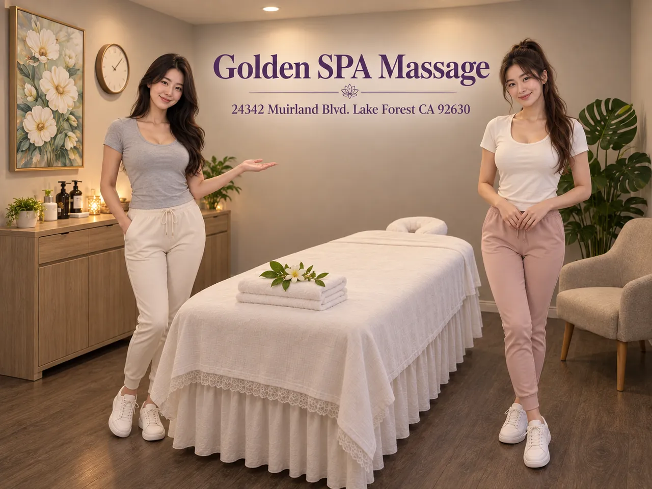 Two staff members in a calm, clean massage room at Golden SPA Massage in Lake Forest, CA