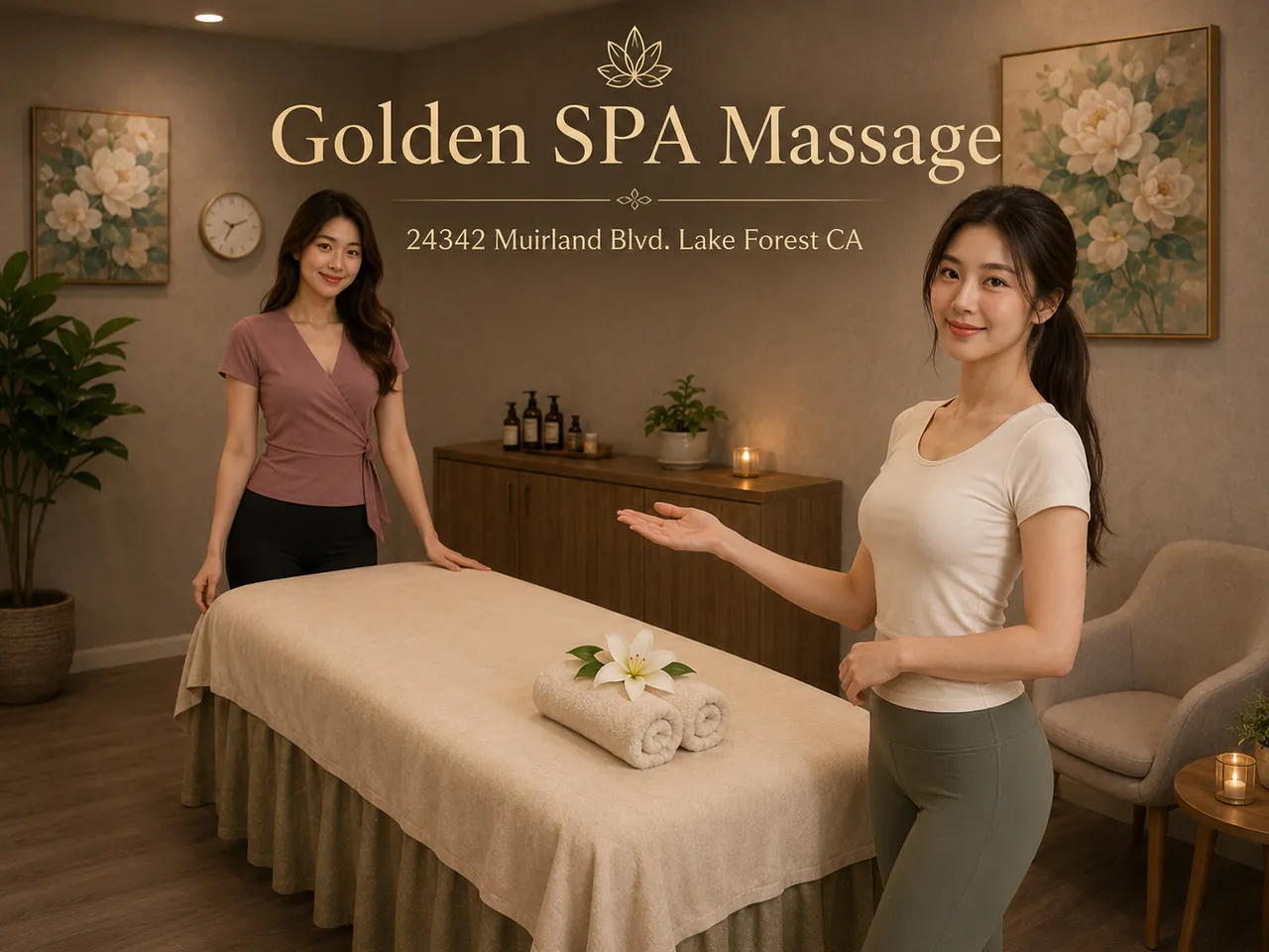 Two friendly staff members at Golden SPA Massage in Lake Forest, CA