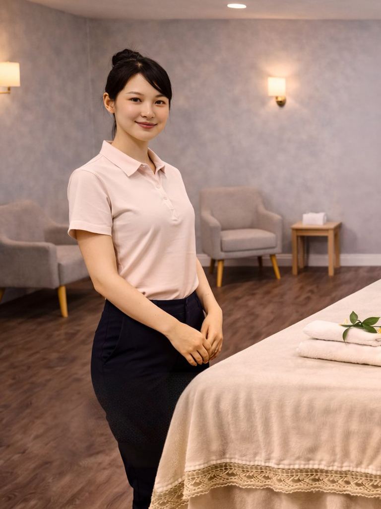 Therapist in soft pink polo beside the couches and treatment table at Golden SPA Lake Forest