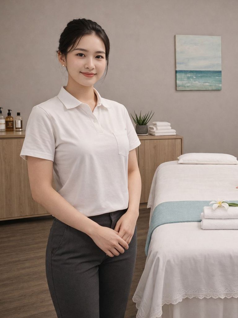 Therapist in white polo ready in a private treatment room at Golden SPA Lake Forest