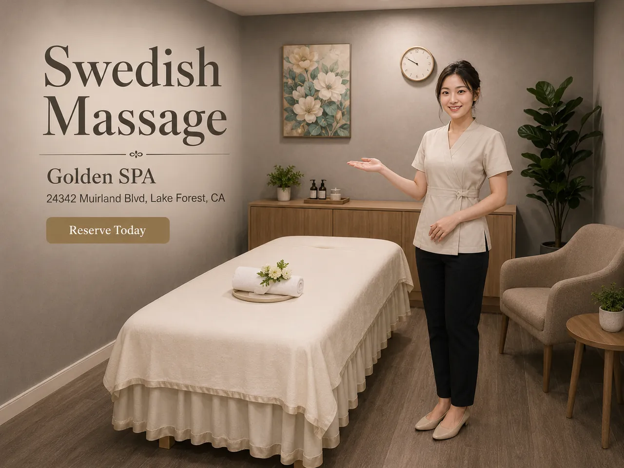 Staff member beside a table set for a first-time guest at Golden SPA Massage in Lake Forest, CA