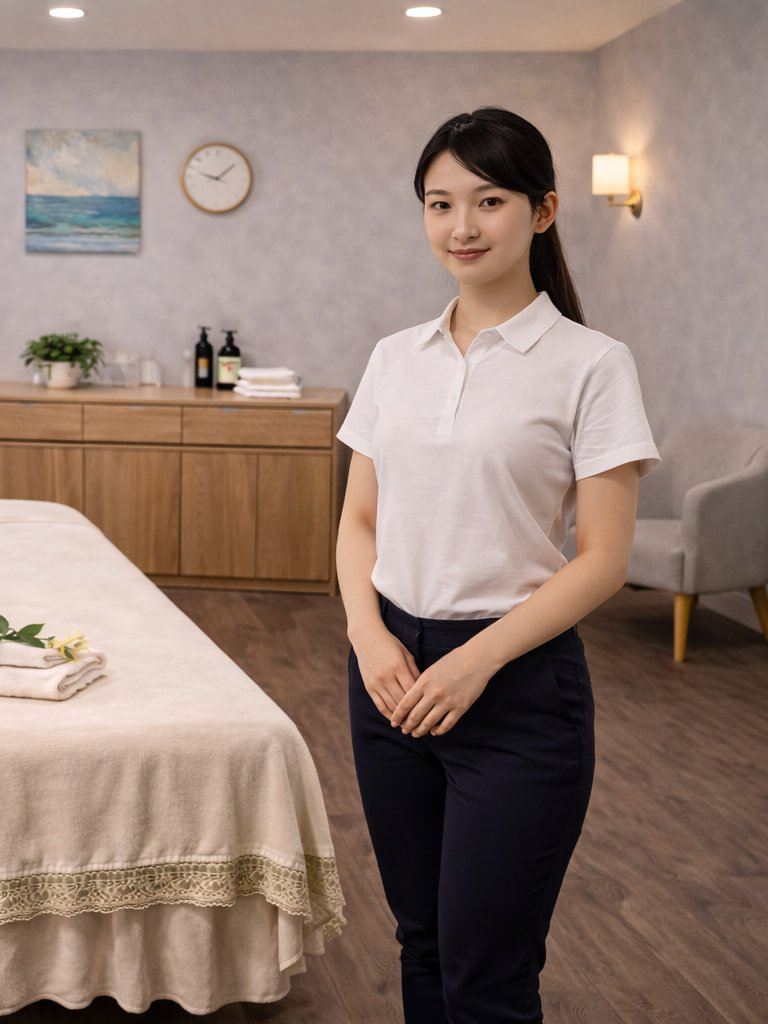 Licensed therapist standing beside a freshly dressed treatment table at Golden SPA Lake Forest