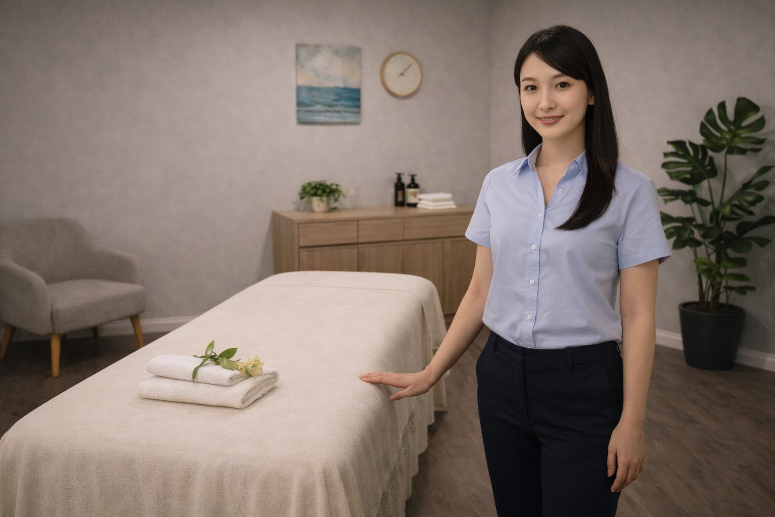 Licensed therapist in soft blue welcoming a guest at Golden SPA Lake Forest