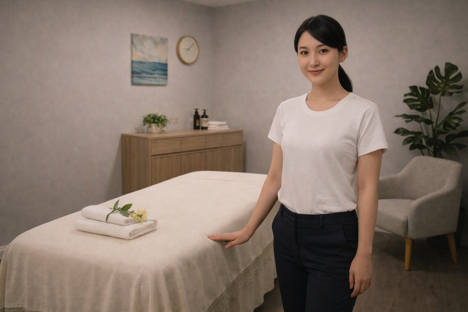 Licensed therapist in white at a private treatment room — Golden SPA Lake Forest