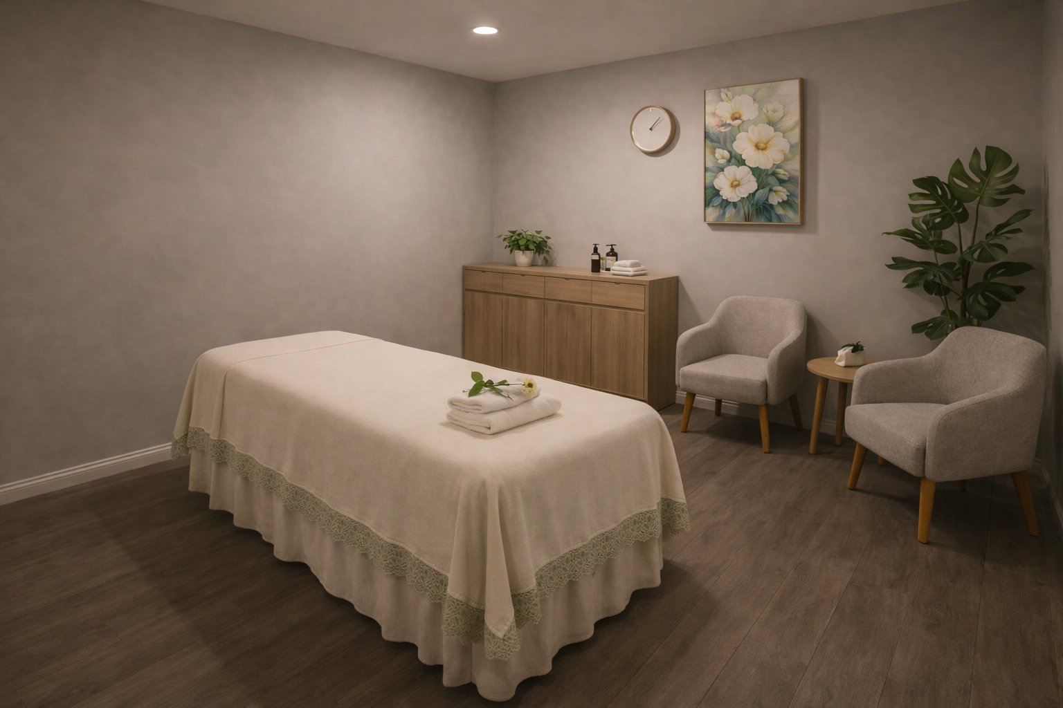 Treatment room with two soft chairs and a small tea table — the calm corner